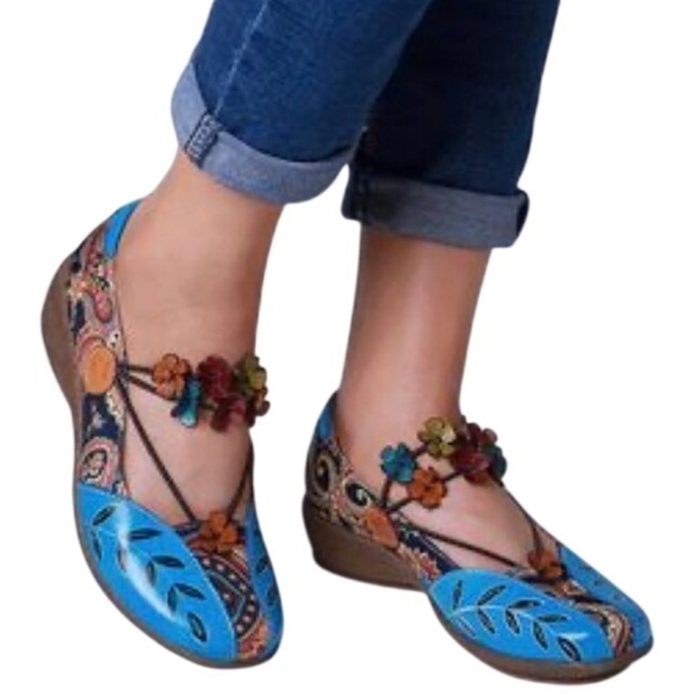 Socofy Blue Leather Paisley Floral Mary Jane Loafers Bohemian Flats Size 38